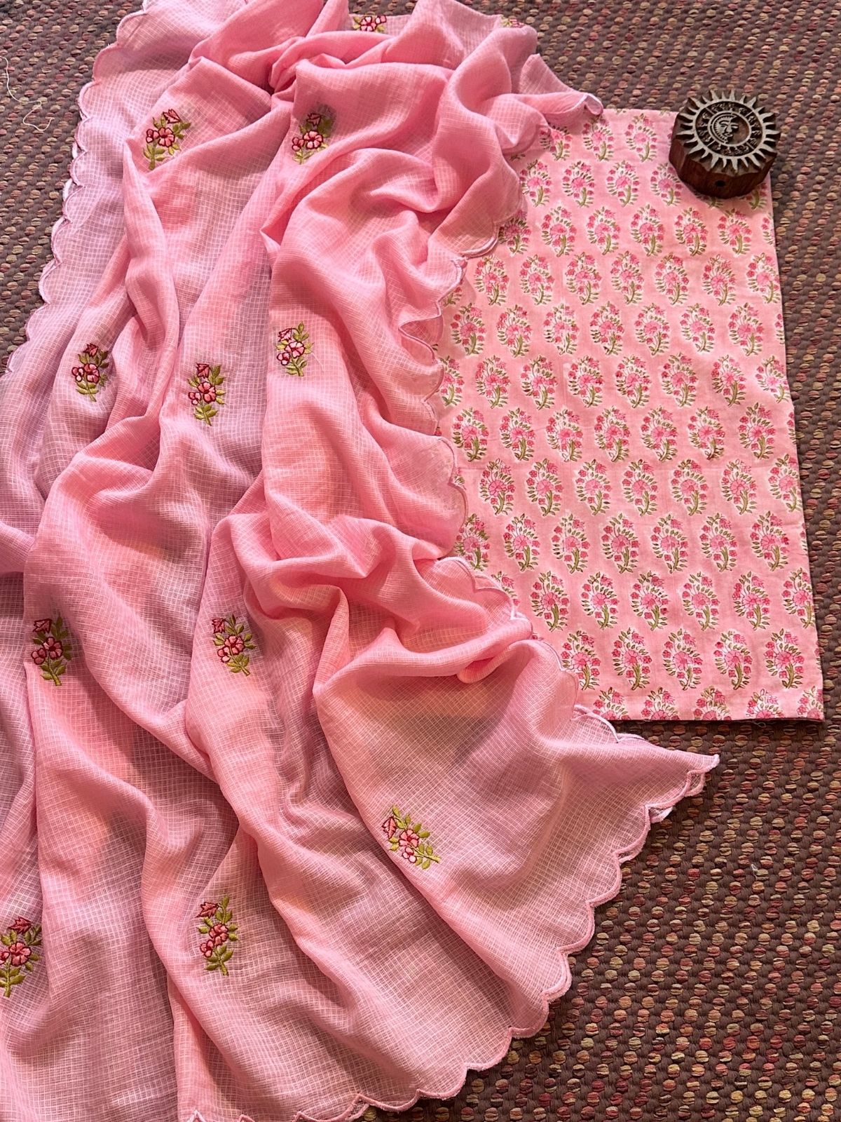 Pure Cotton Hand-blocked fabric with Embroidered Dupatta