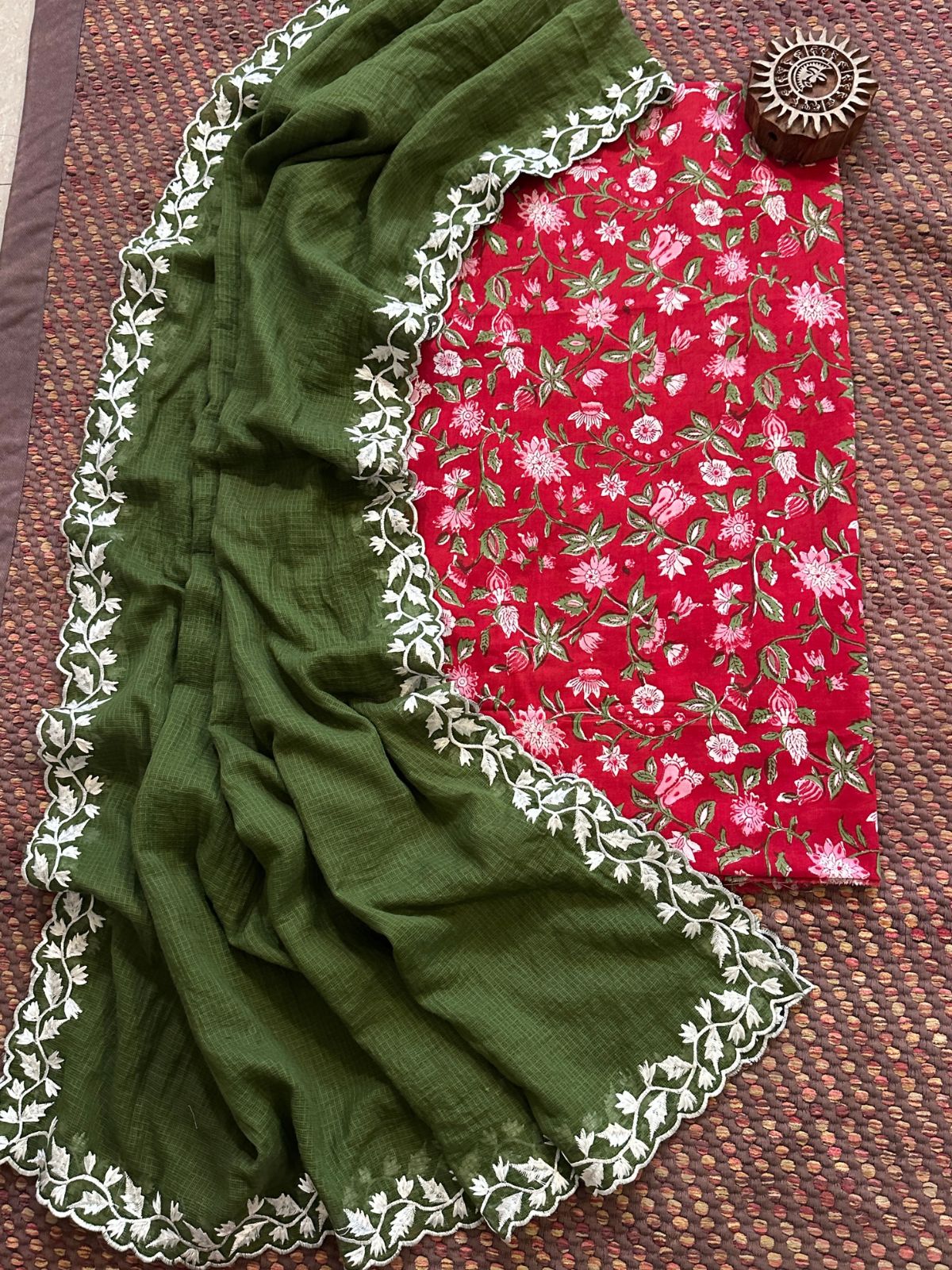 Pure Cotton  Hand-block Fabric with Exclusive Embroidered Kota Doria Dupatta