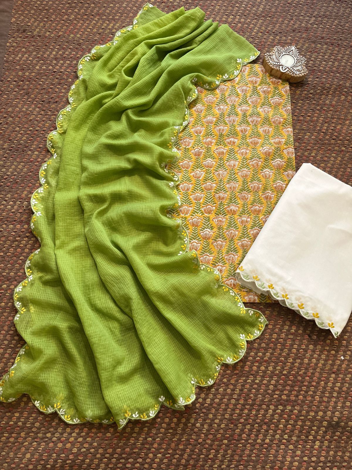 Pure Cotton Hand blocked Set with Embroidered Dupatta