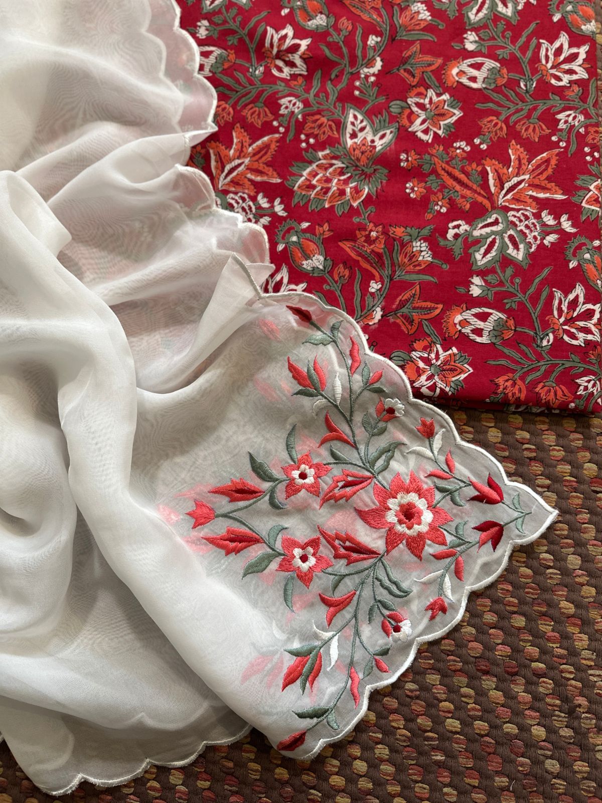 Pure Cotton Handblocked Fabric with Embroidered Organza Dupatta