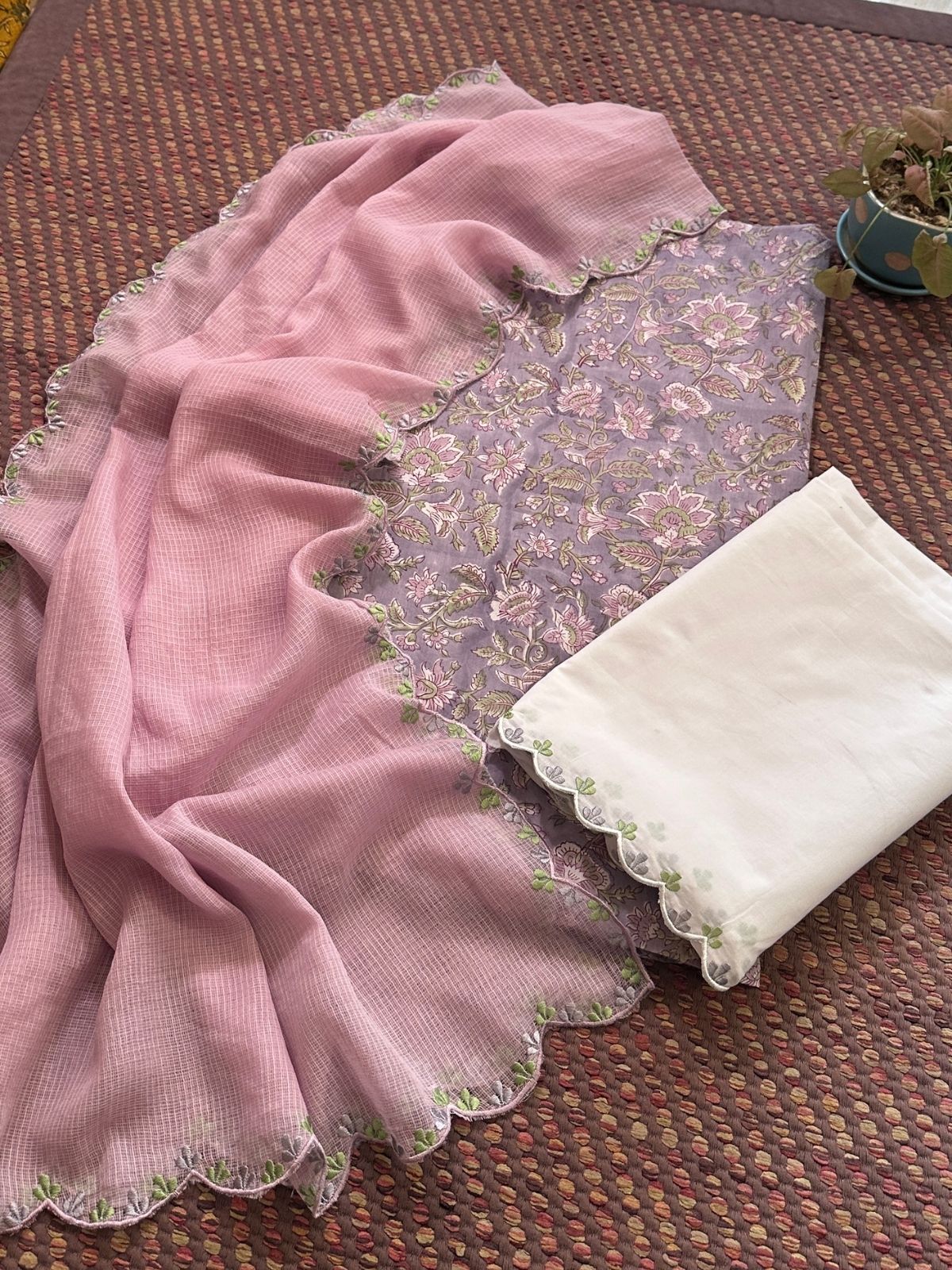 Pure Cotton Hand-block Fabric with Exclusive Embroidered Bottom & Kota Doria Dupatta