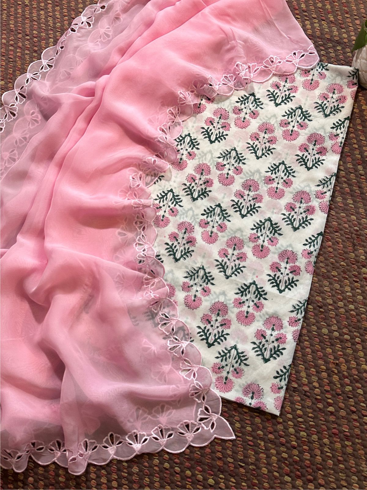 Pure Cotton Handblocked Fabric with Exclusive Cutwork Organza Dupatta