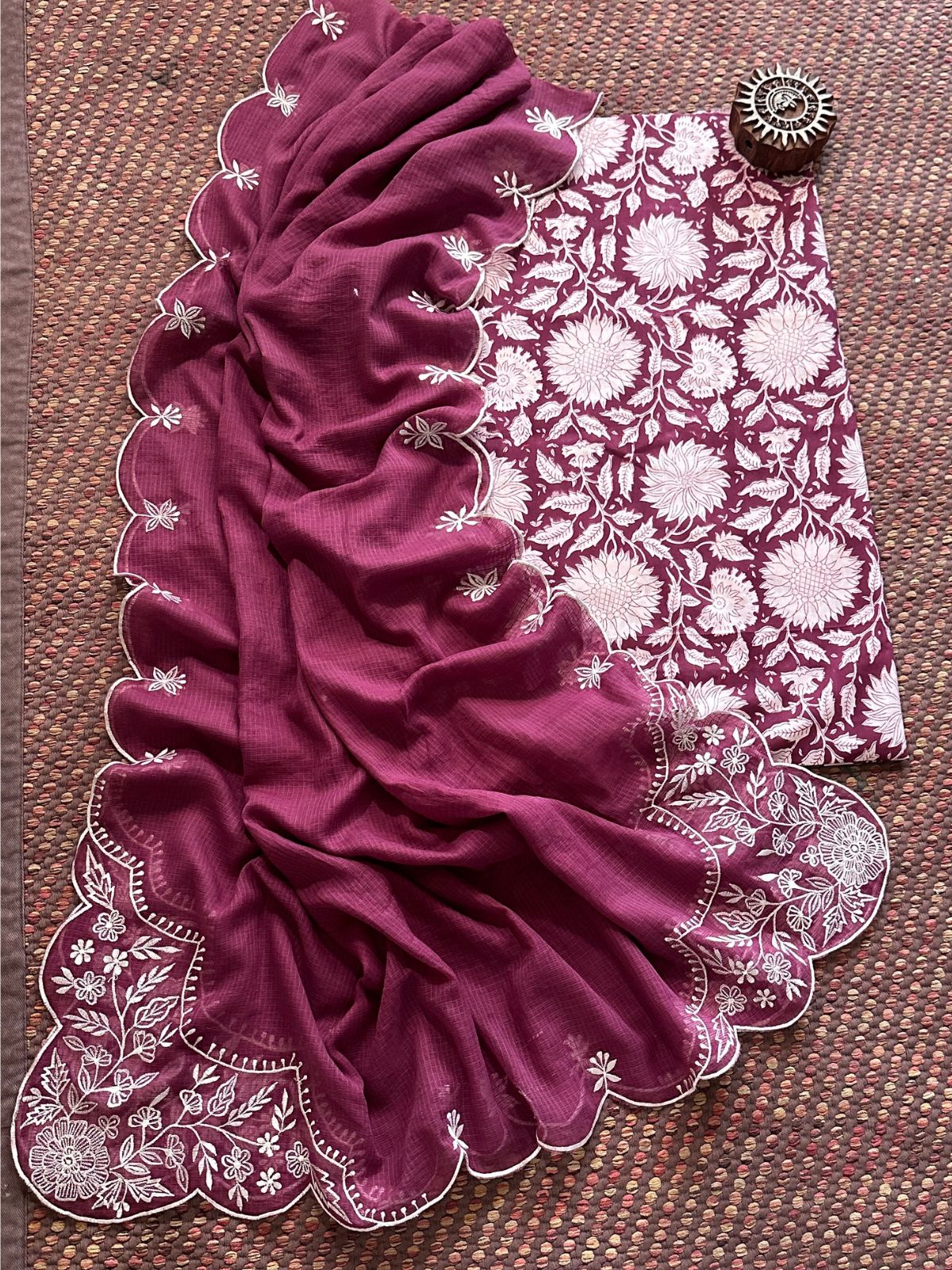 Pure Cotton Hand-blocked fabric set with Embroidered Dupatta