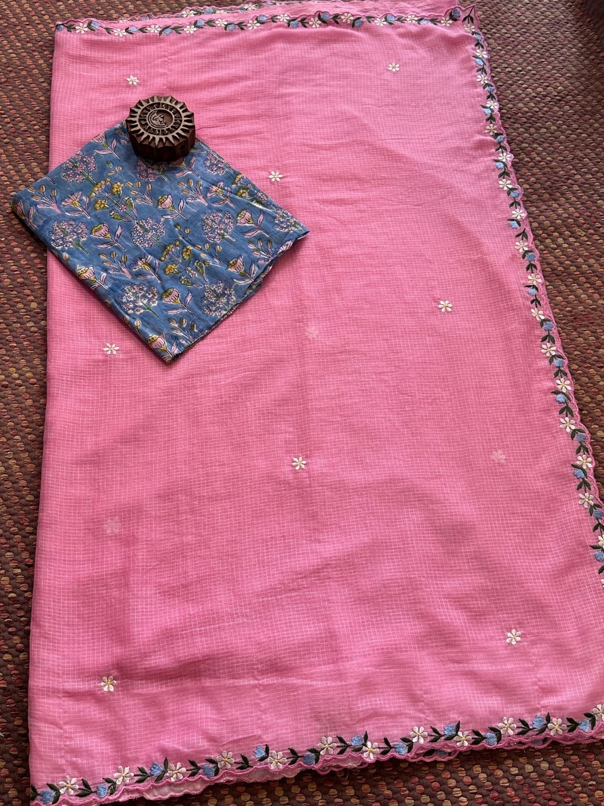 Kota Doria Embroidered Saree with Hand Block Blouse fabric