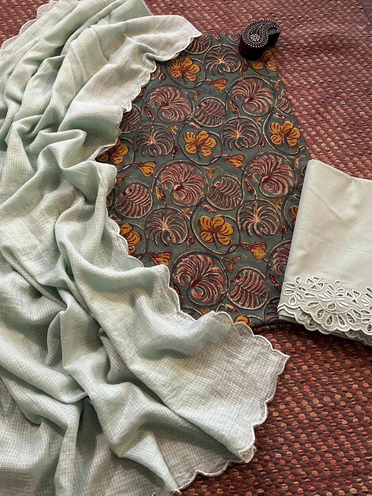 Pure Cotton Malmal Hand-blocked Fabric with Cutwork Bottom & Kota Doria Dupatta