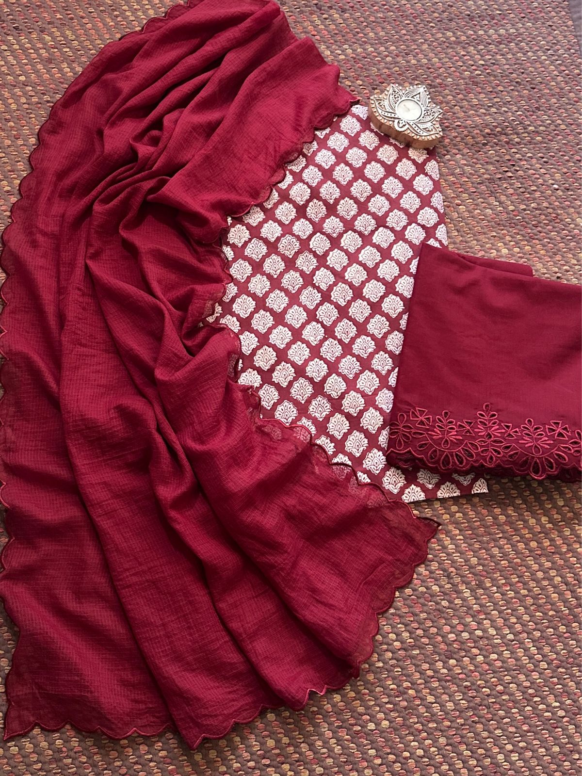 Pure Cotton Hand-blocked Fabric with Cutwork Bottom & Kota Doria Dupatta