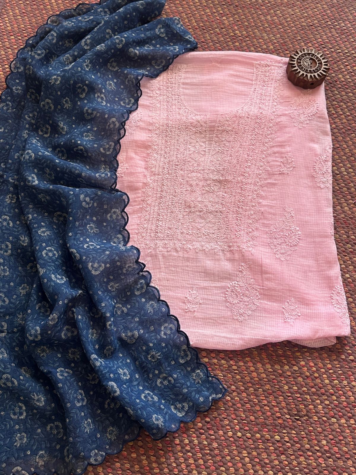 Chikankari Hand Embroidered Fabric with Indigo Hadblocked Kota Dupatta
