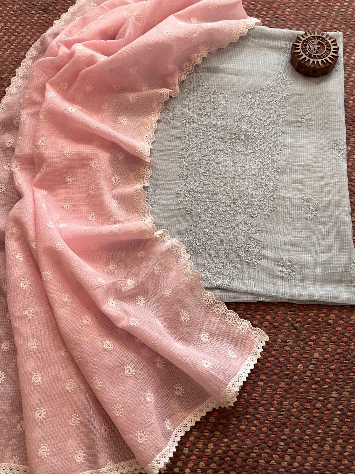 Chikankari Hand Embroidered Fabric with Embroidered Kota Dupatta
