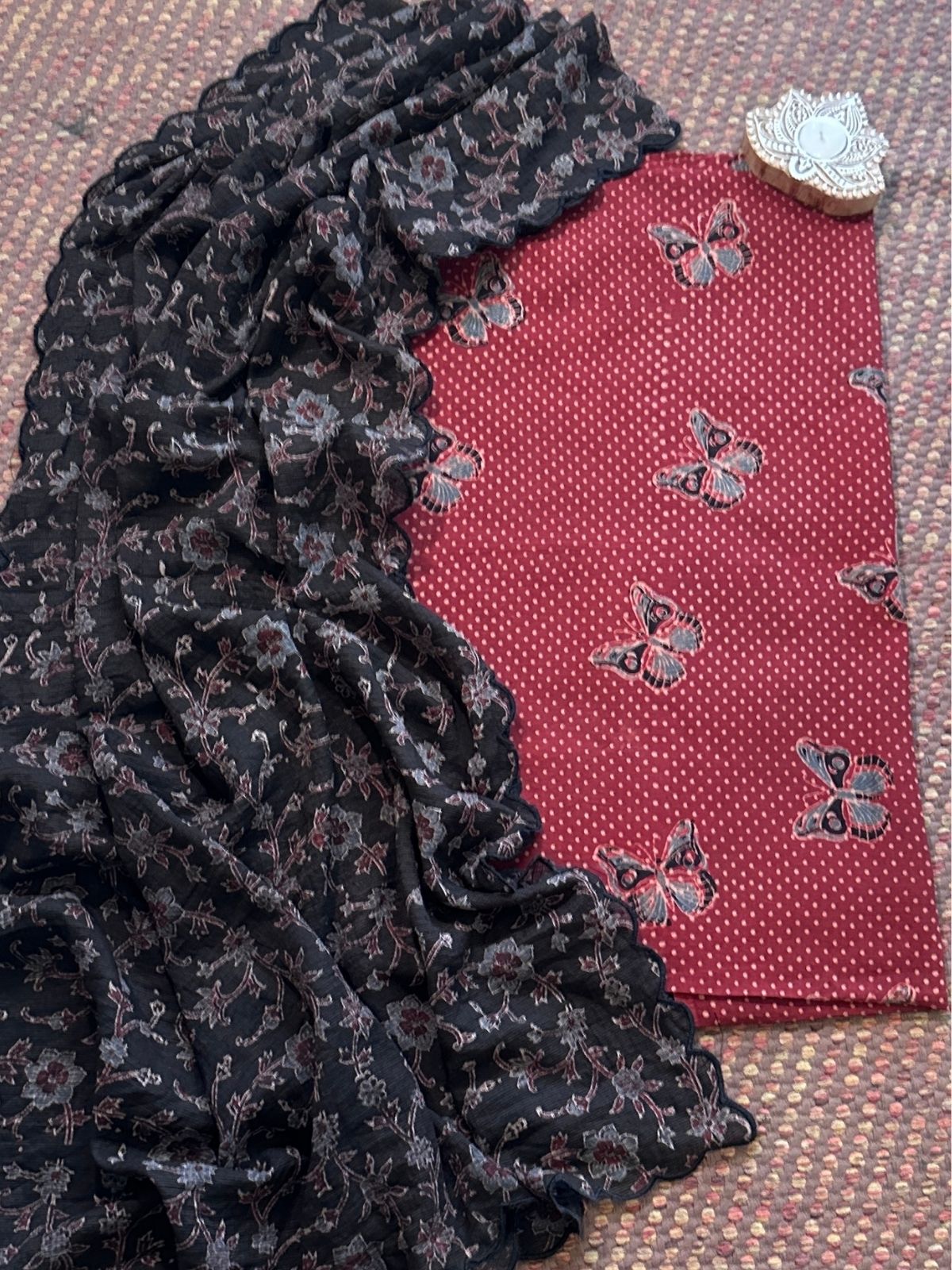 Ajrakh Cotton Malmal Handblocked Set- Top & Dupatta