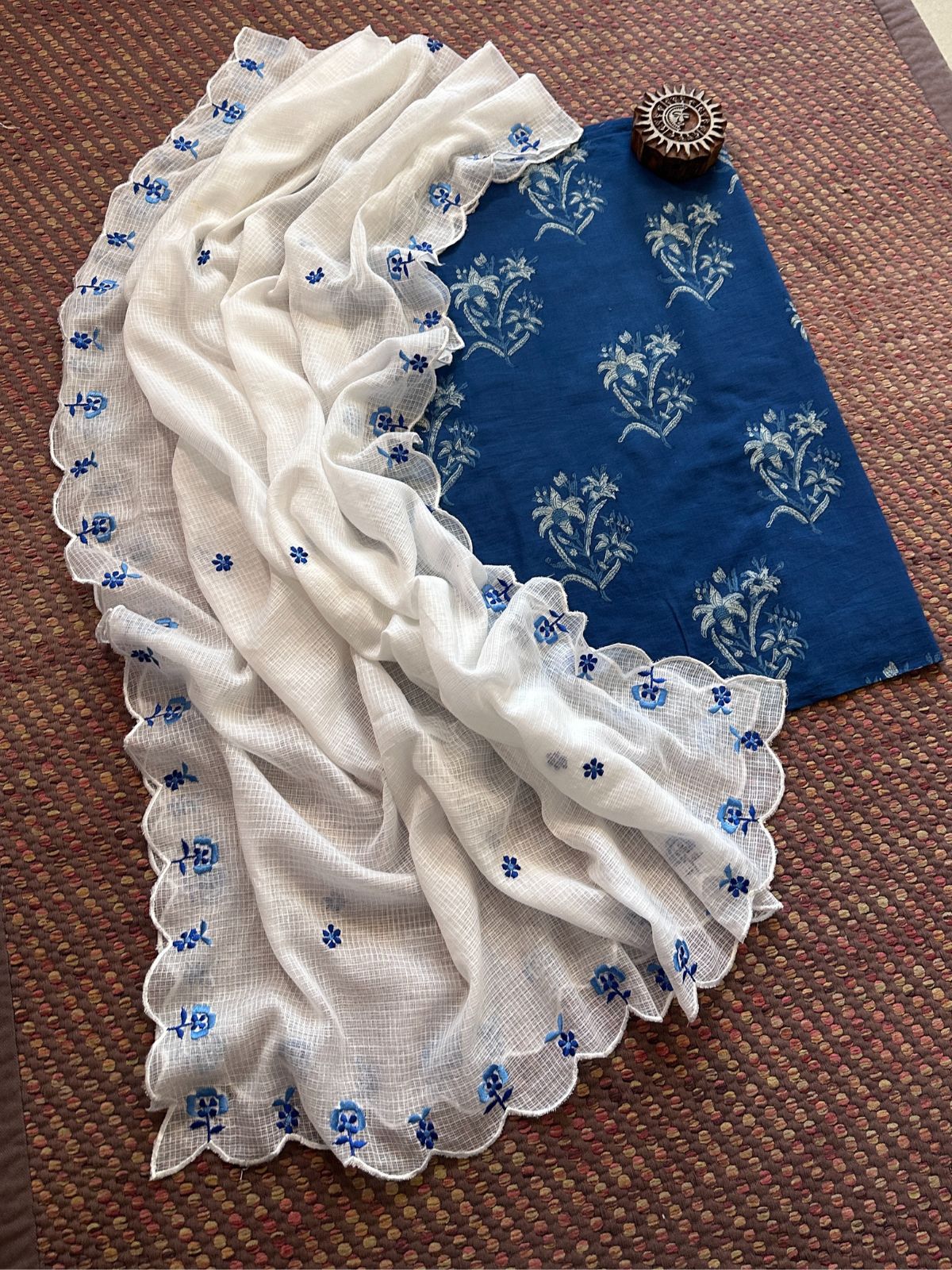 Pure Cotton Indigo Hand-block Fabric with Exclusive Embroidered Kota Doria Dupatta