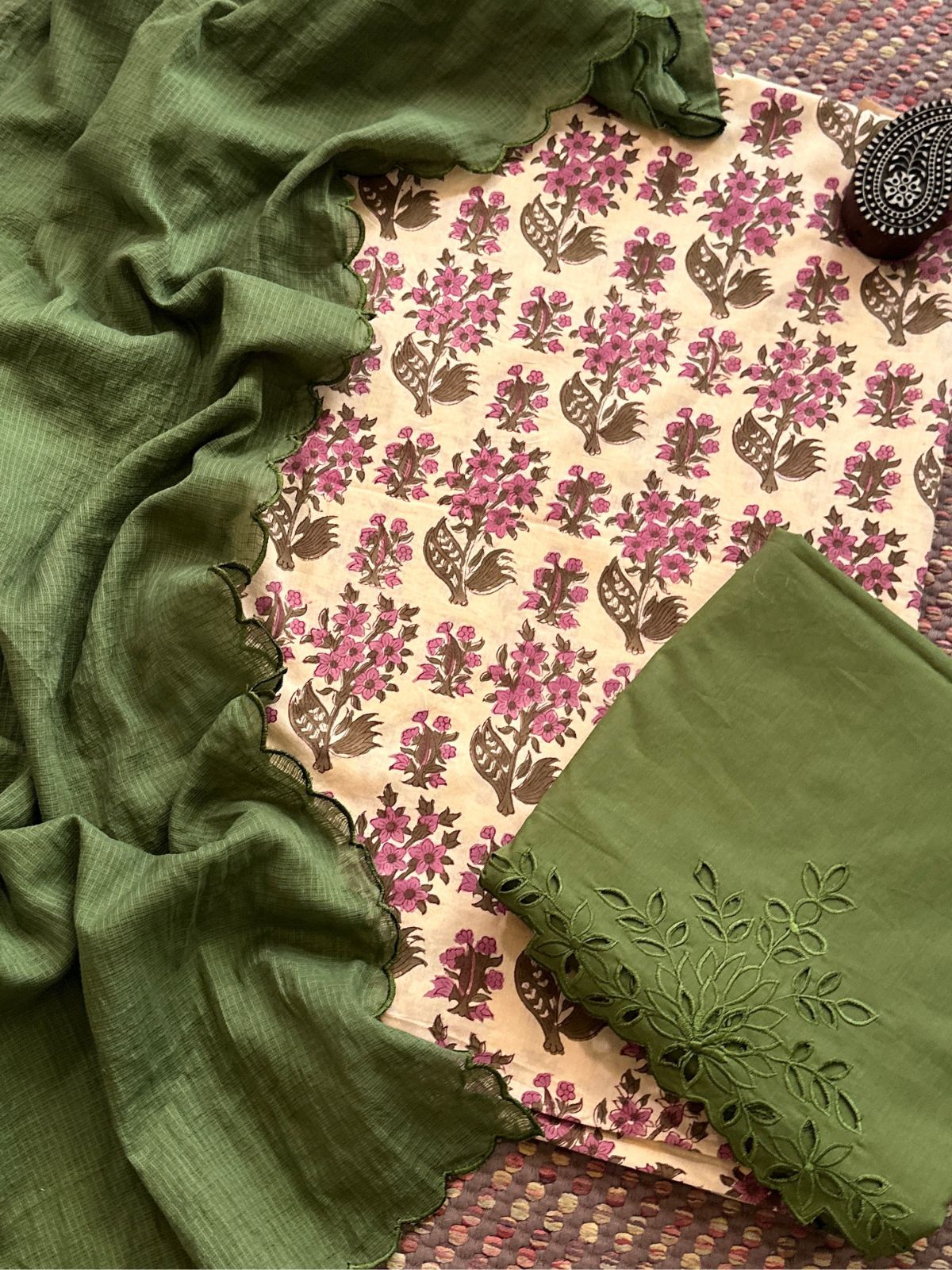 Pure Cotton Hand-blocked Fabric with Cutwork Bottom & Kota Doria Dupatta