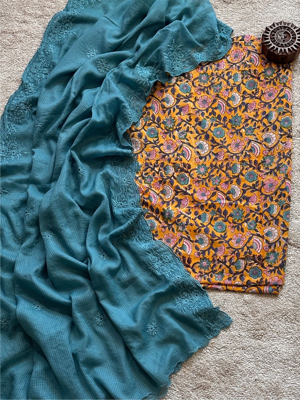Kesari Set- Hand-block Fabric with Embroidered Dupatta