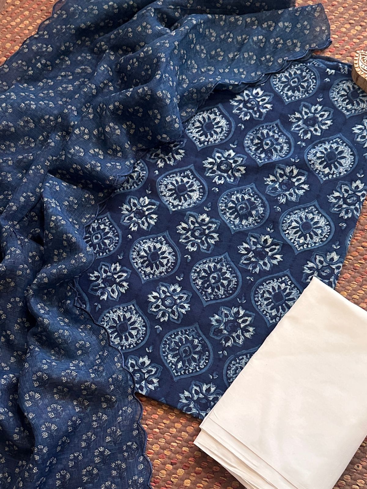 Pure Cotton Indigo Handblocked Unstitched Set