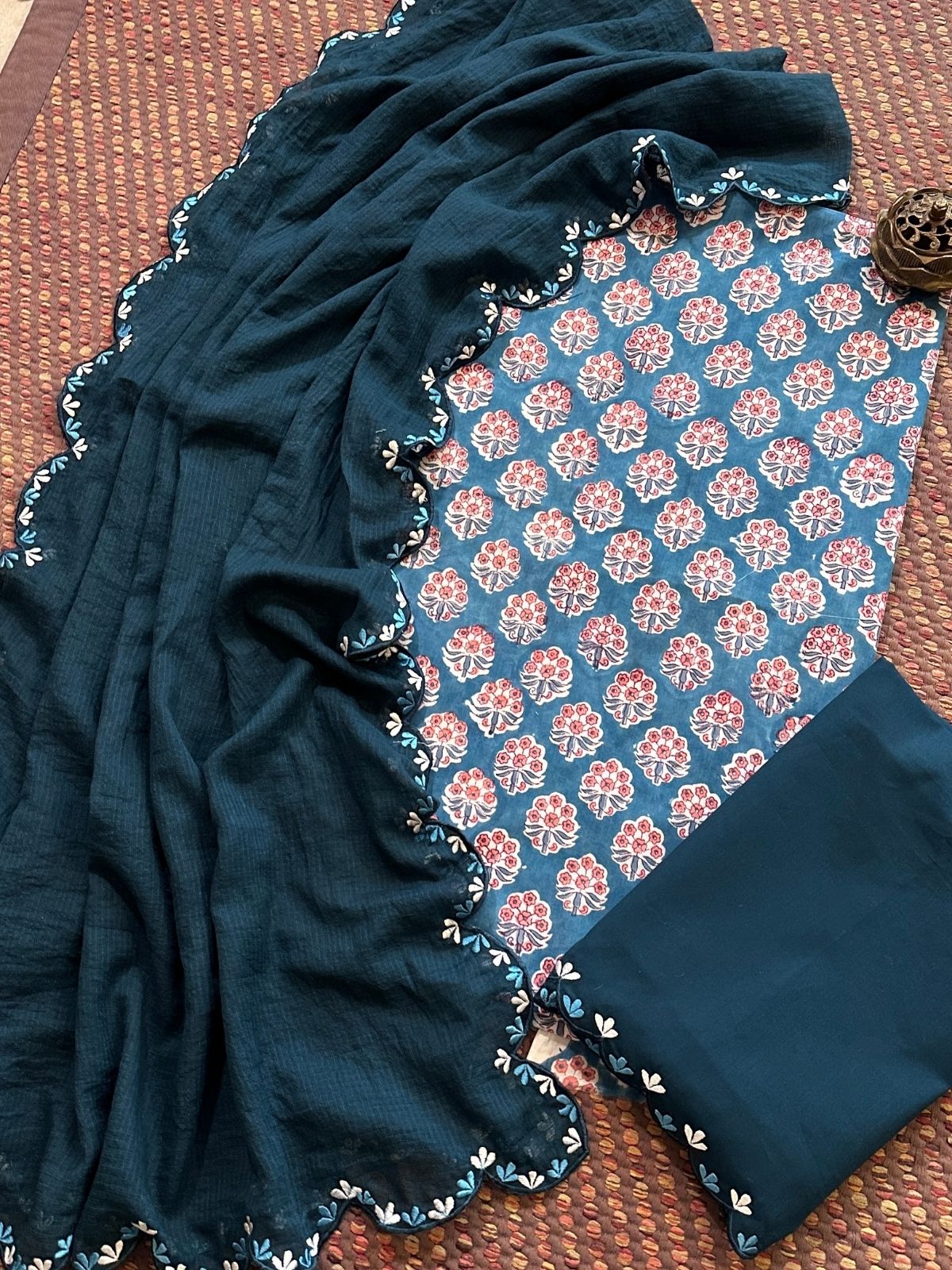 Pure Cotton Hand-block Fabric with Embroidered Bottom & Kota Doria Dupatta