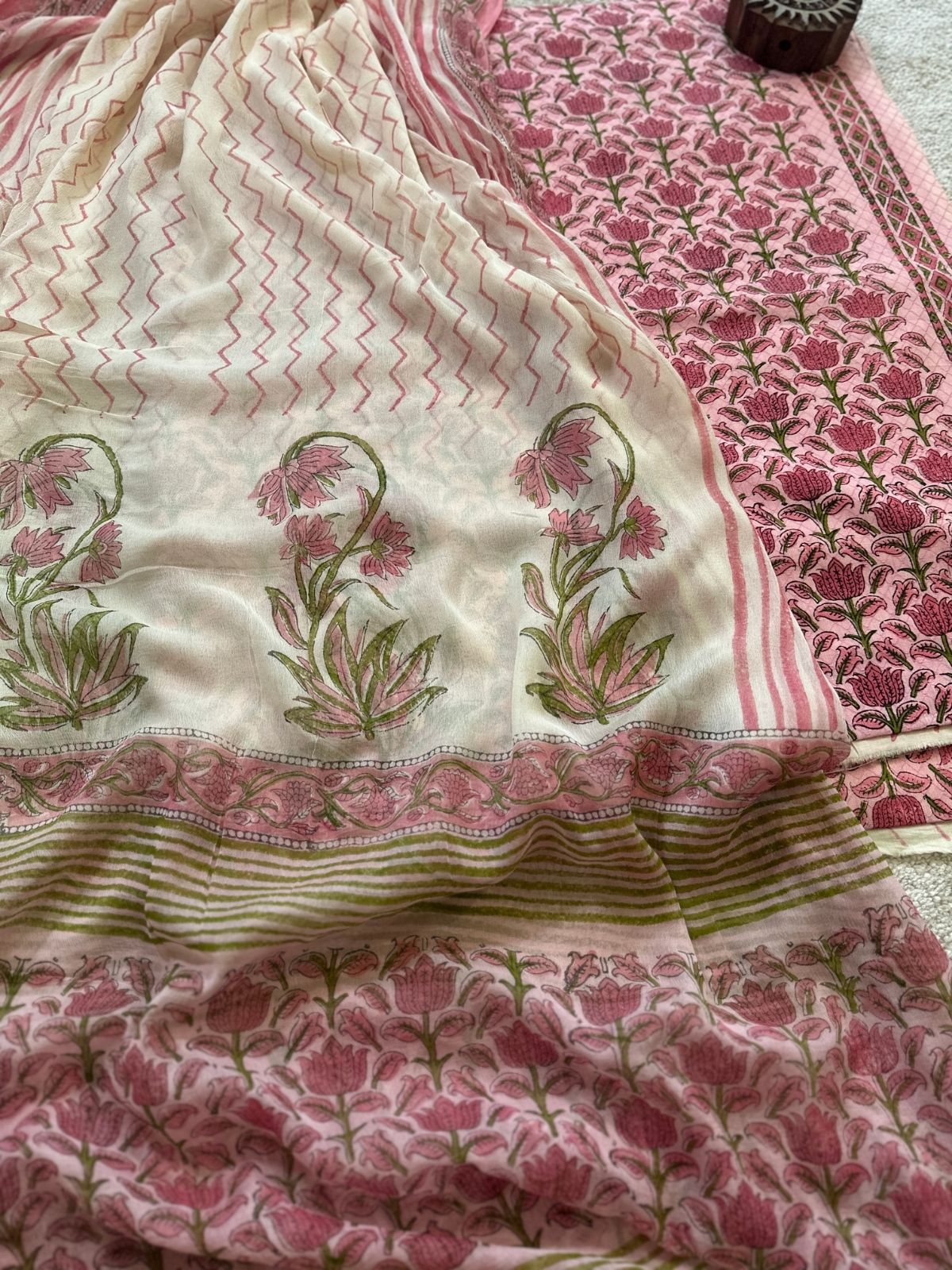 Pure Cotton Handblocked Unstitched Set with pure chiffon Dupatta