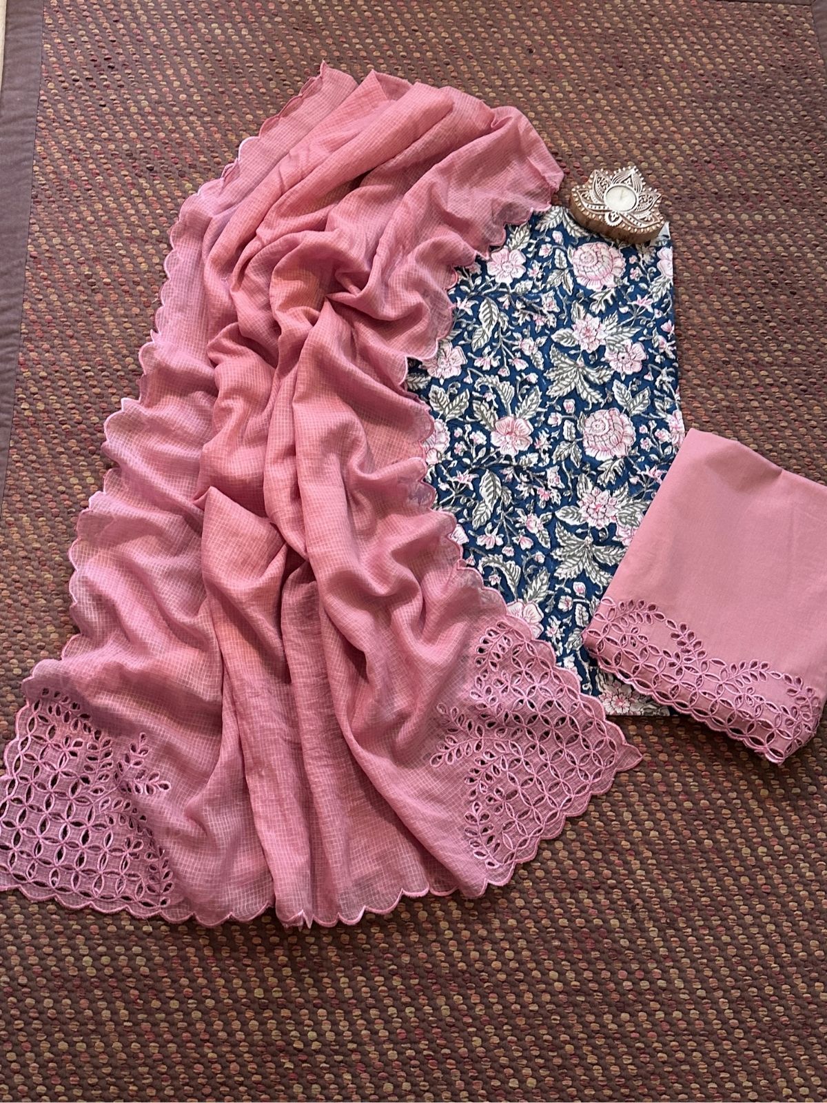 Pure Cotton Hand-blocked Fabric with Cutwork Bottom & Kota Doria Dupatta