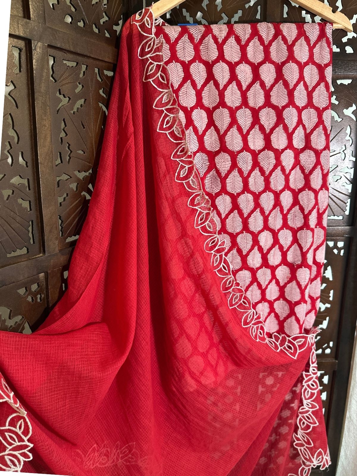 Pure Cotton Handblock Fabric with Cutwork Embroidered Dupatta