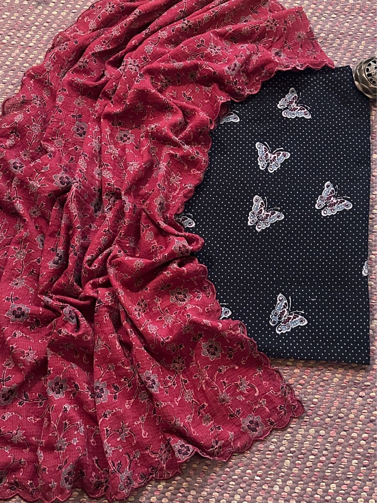 Ajrakh Cotton Malmal Handblocked Set- Top & Dupatta