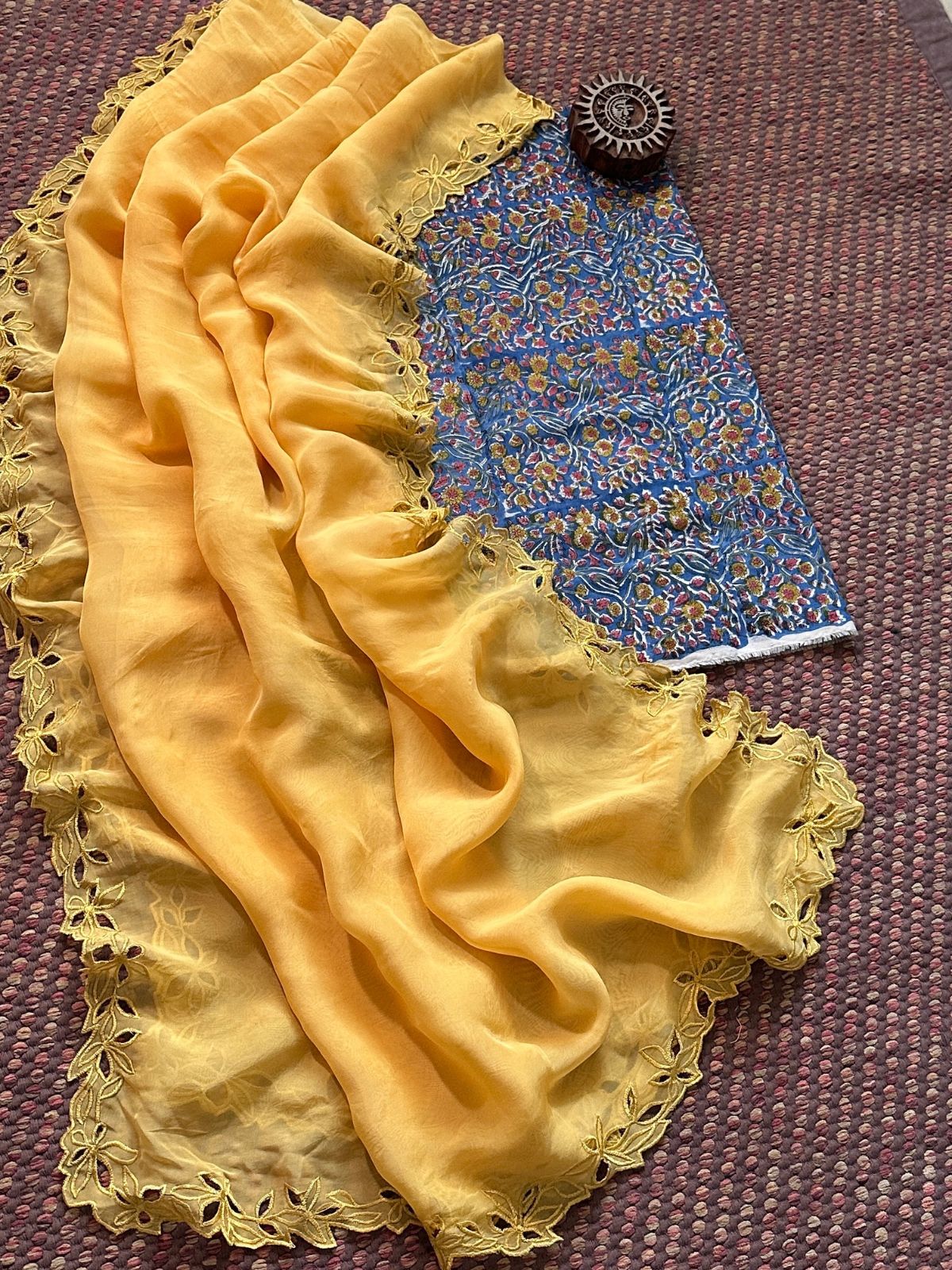 Pure Cotton Malmal Handblocked Fabric with Exclusive Cutwork Organza Dupatta