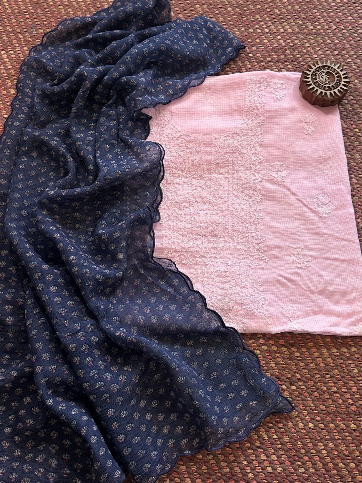 Chikankari Hand Embroidered Fabric with Indigo Hadblocked Kota Dupatta