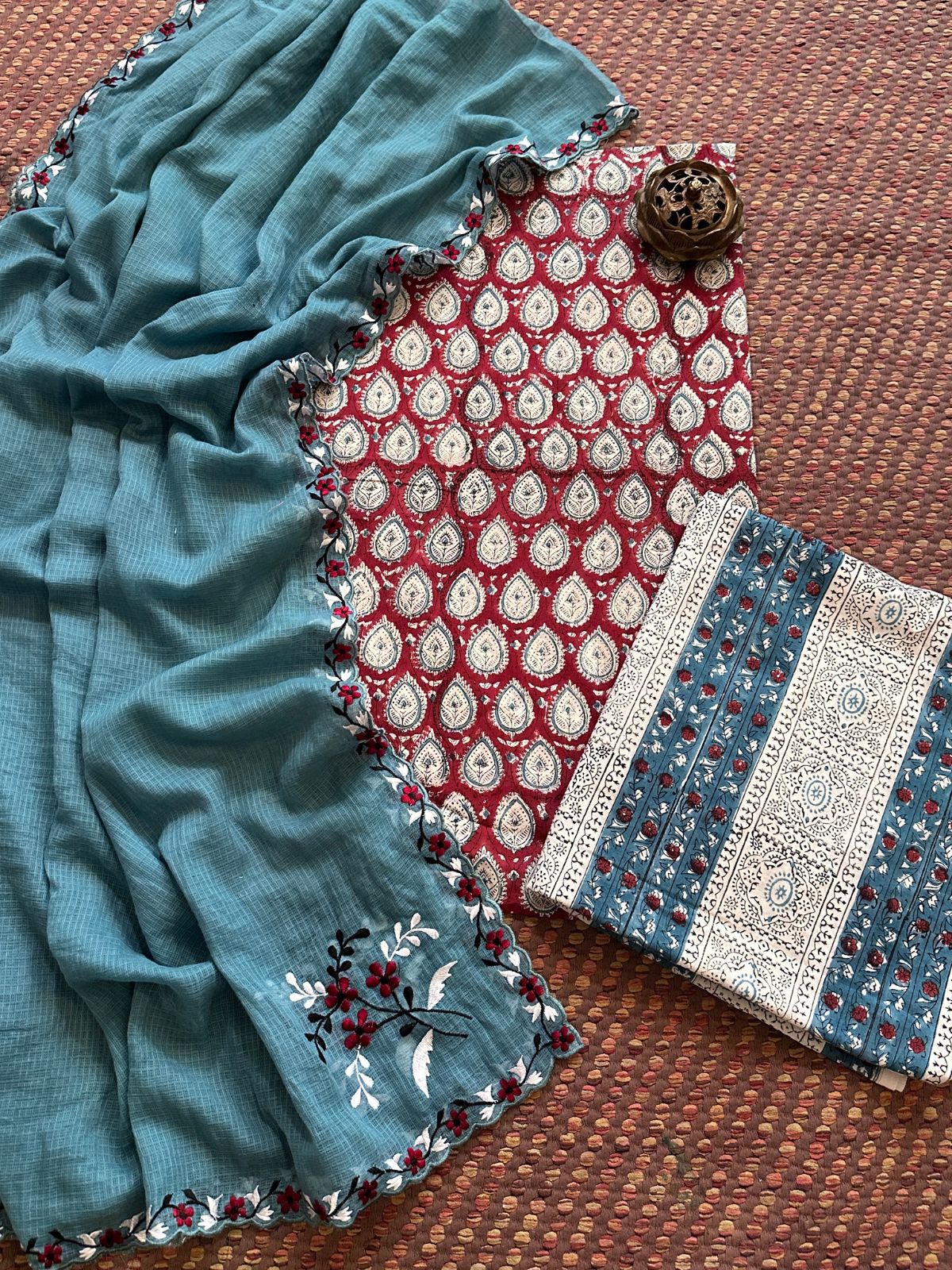 Pure Cotton  Hand blocked Set with Embroidered Dupatta