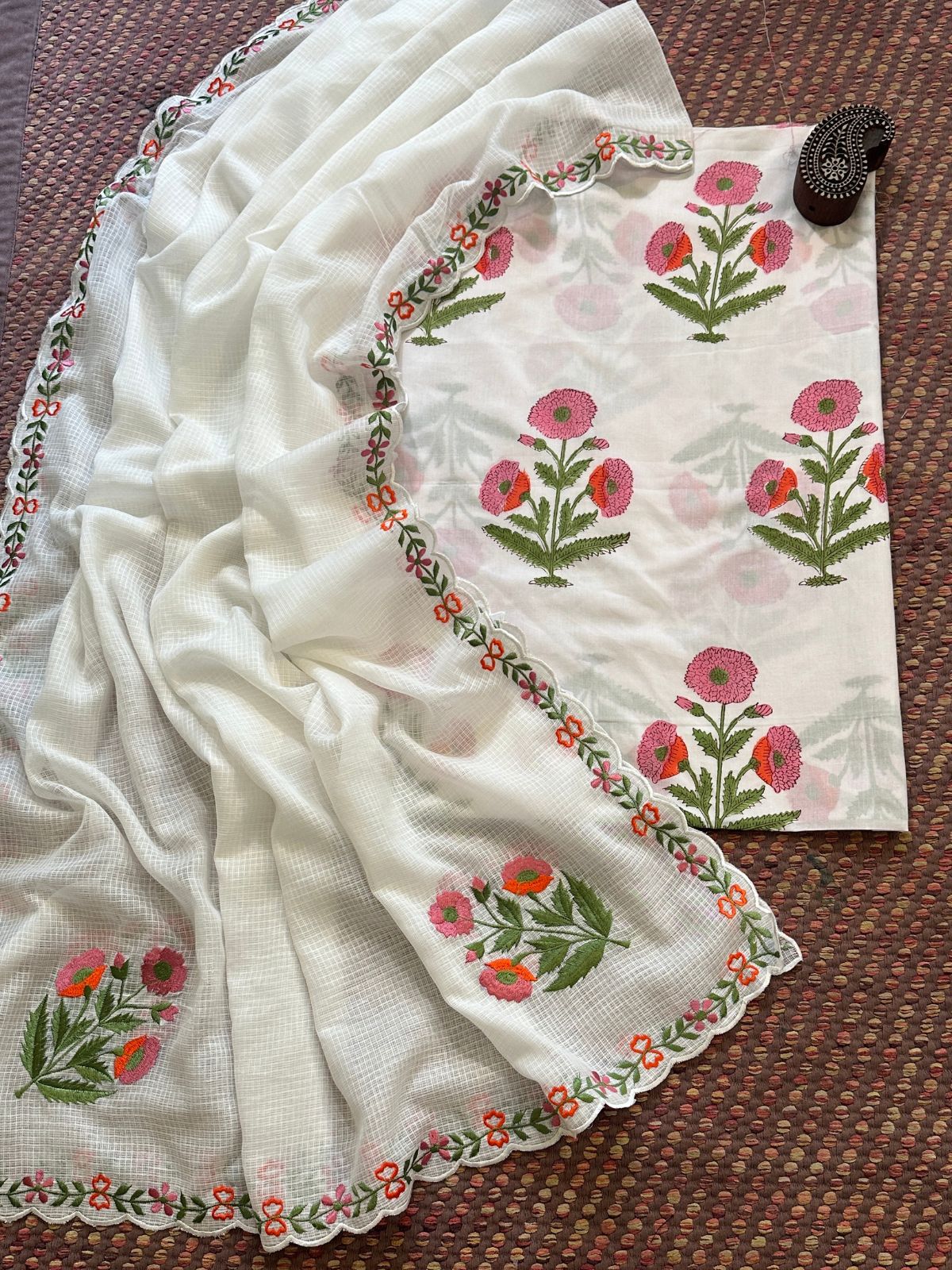 Pure Cotton Handblock Fabric with Exclusive Embroidered Dupatta