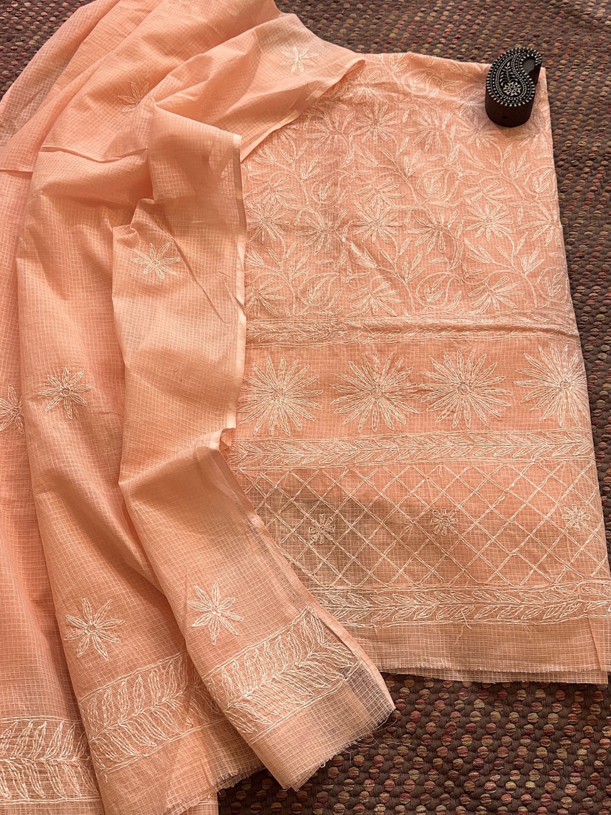 Chikankari hand embroidered Kota Top & Dupatta Set