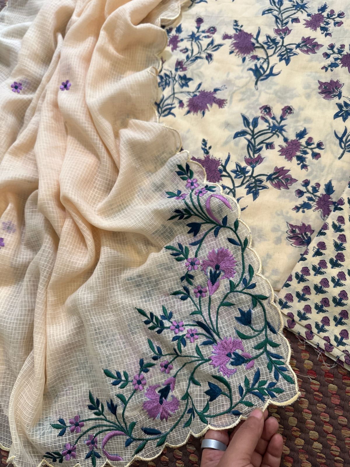 Pure Cotton Handblock Fabric Set with Embroidered Dupatta