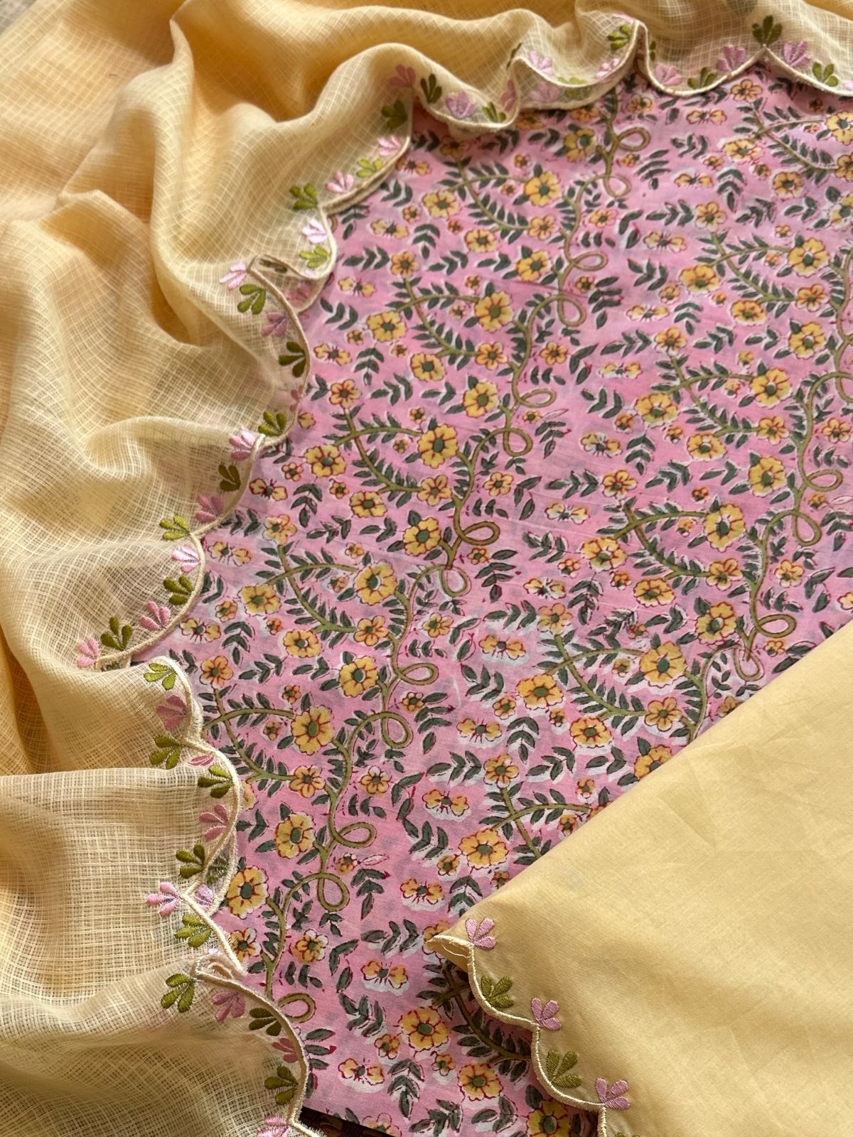 Pure Cotton Hand-block Fabric with Embroidered Bottom & Kota Doria Dupatta