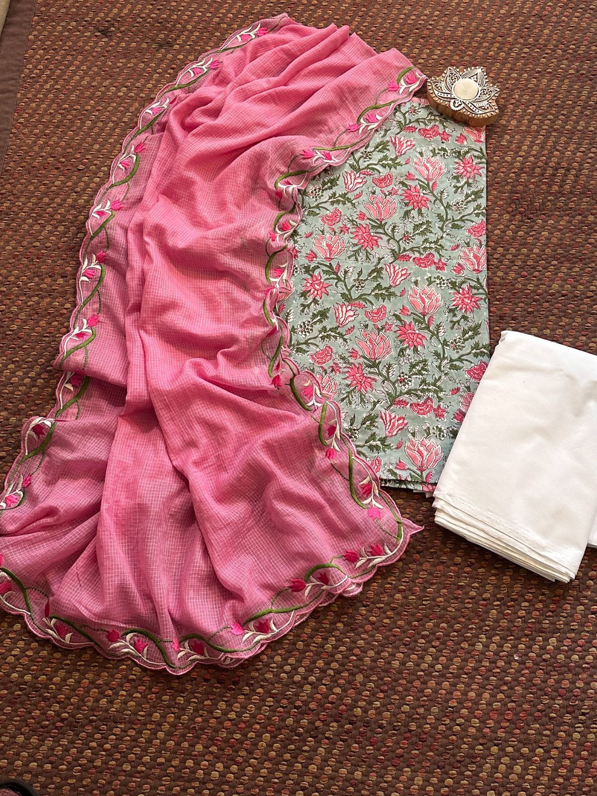 Pure Cotton Hand-blocked Fabric with Embroidered Dupatta