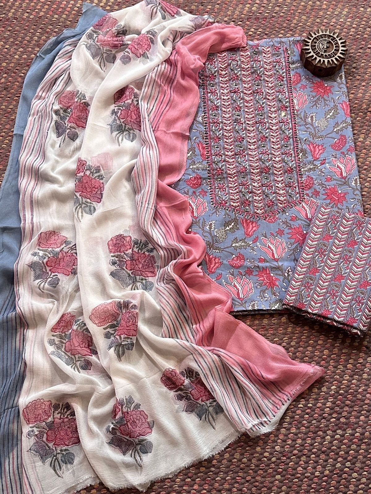 Pure Cotton Handblocked Unstitched Set with pure chiffon Dupatta