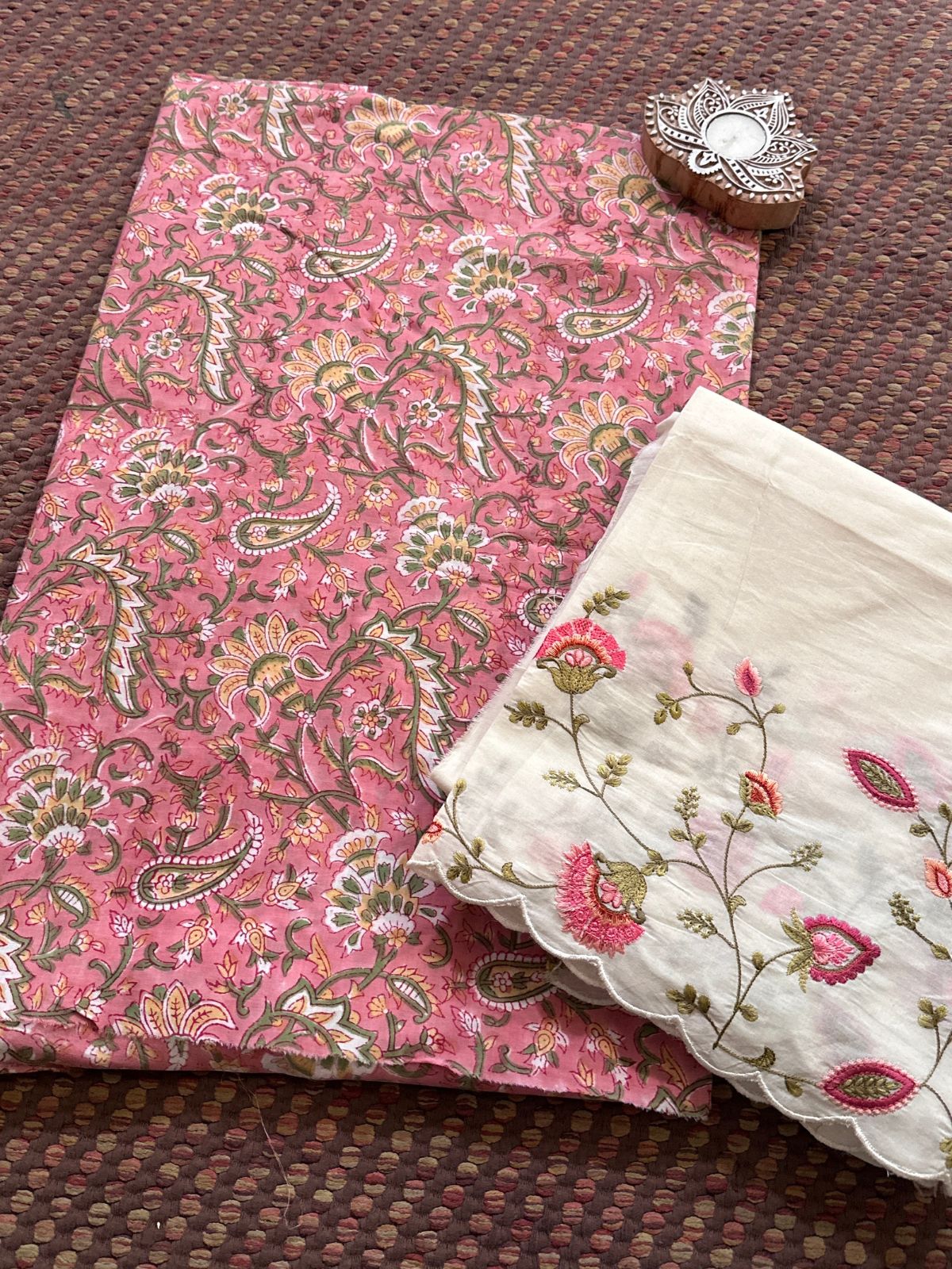 Pure Cotton Hand-blocked Fabric with Embroidered Bottom