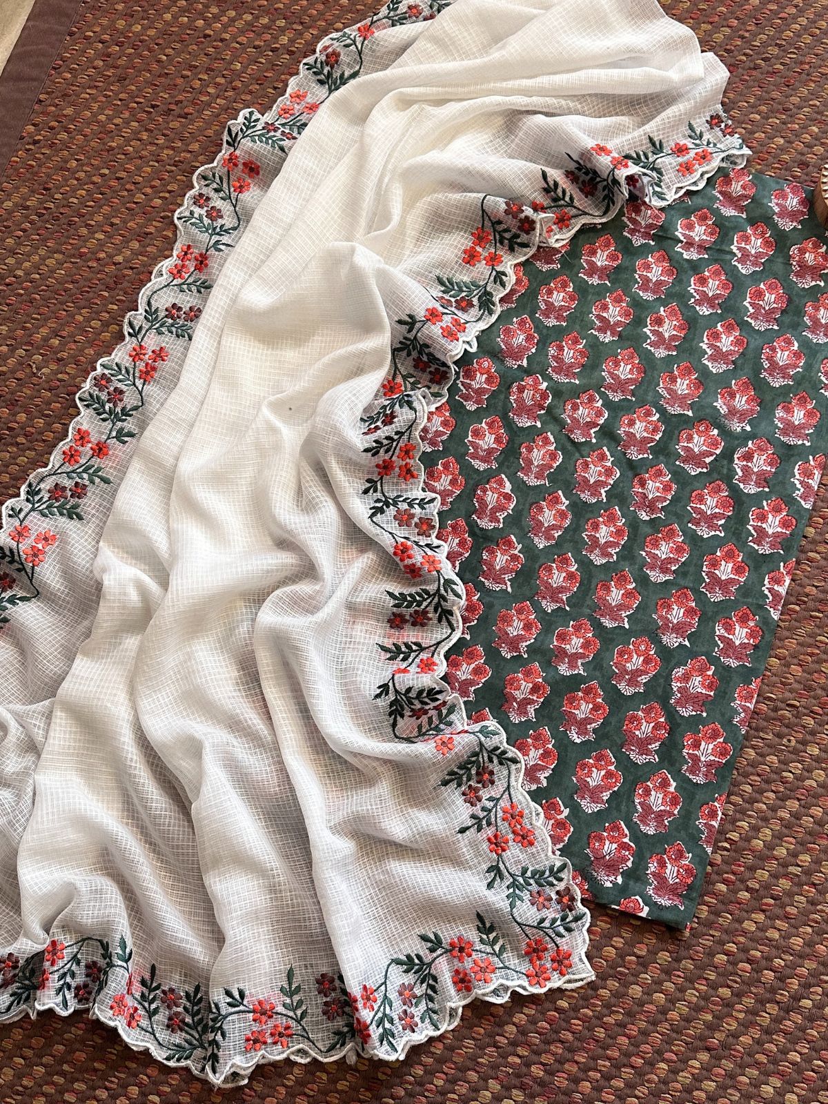 Pure Cotton Handblock Fabric with Exclusive Embroidered Dupatta