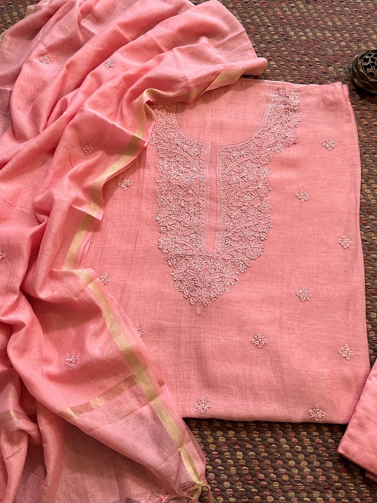 Premium Pastel Pink Shade Malmal Maheswari Chikankari Set