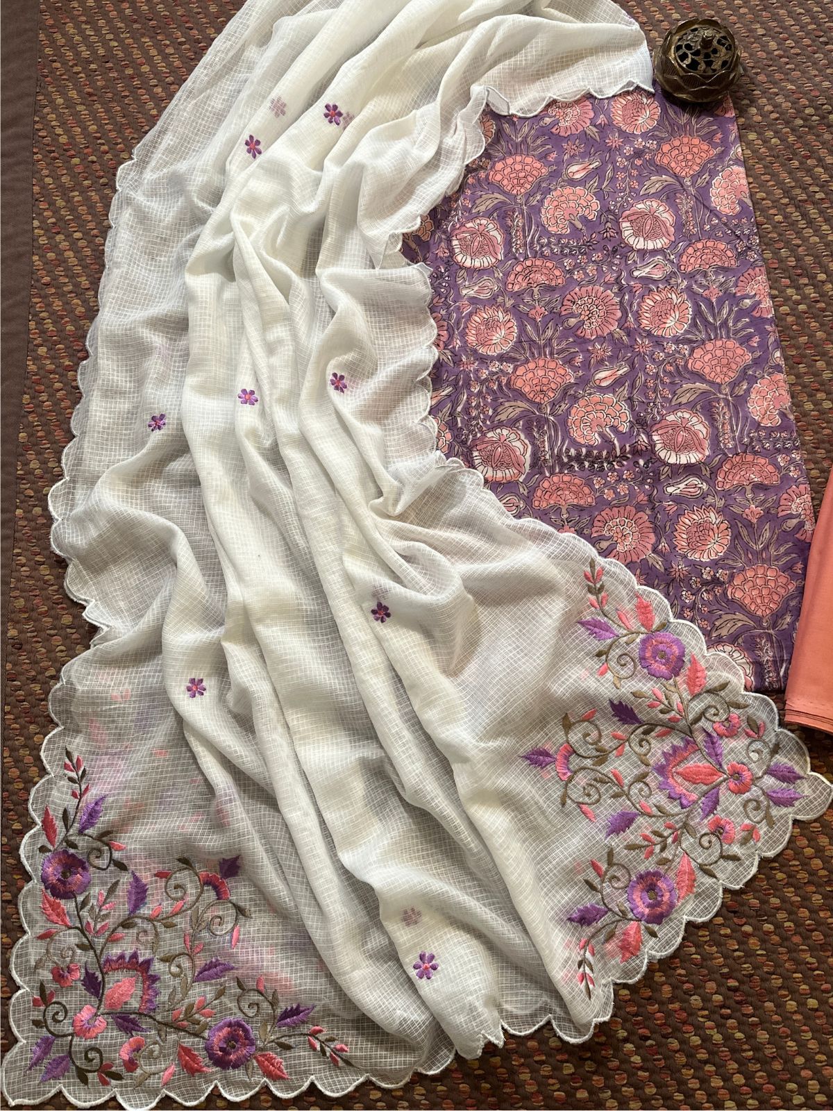 Pure Cotton Hand-block Fabric with Embroidered Bottom & Kota Doria Dupatta