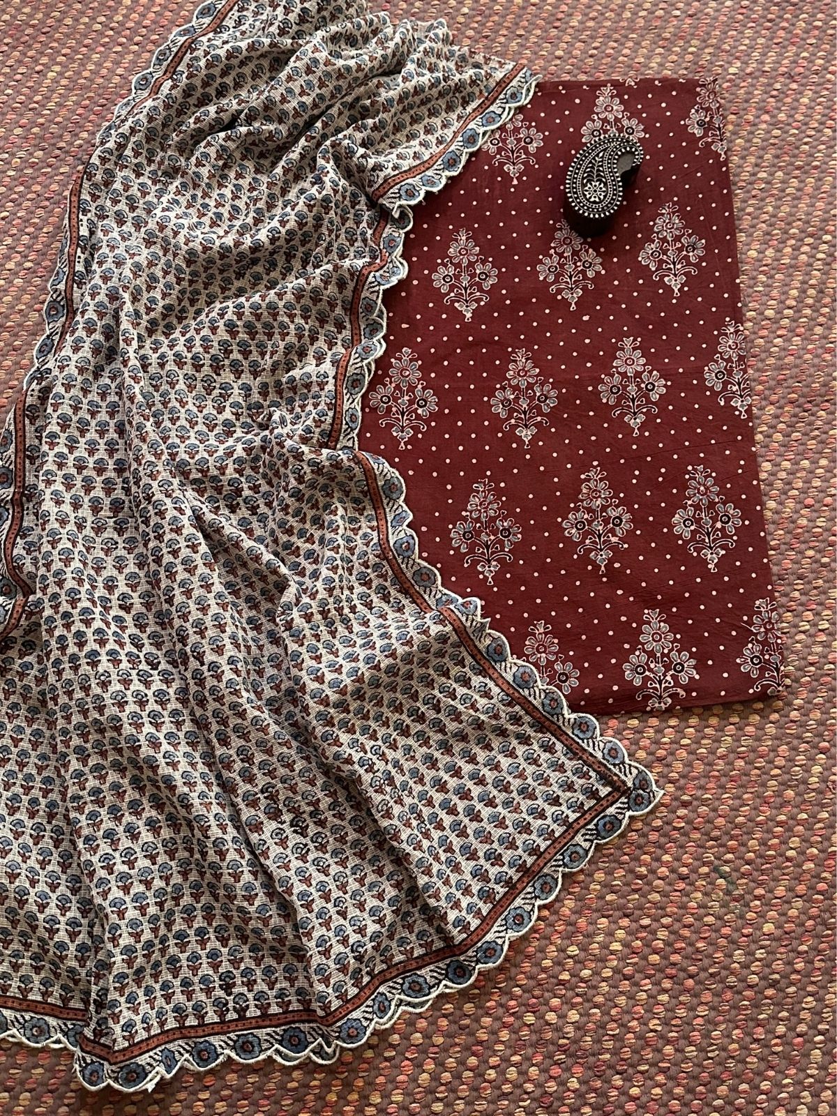 Ajrakh Cotton Malmal Handblocked Set- Top & Dupatta