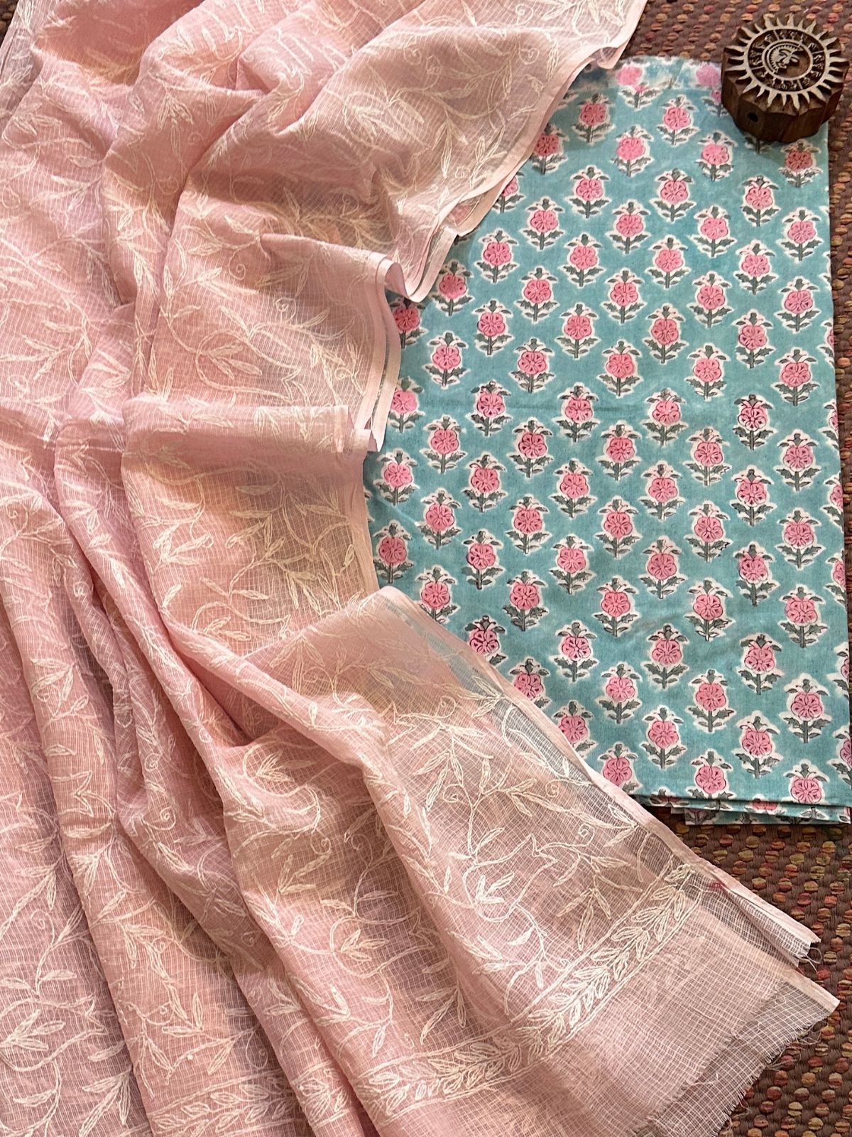 Pure Cotton Hand Blocked Fabric with Chikankari Dupatta