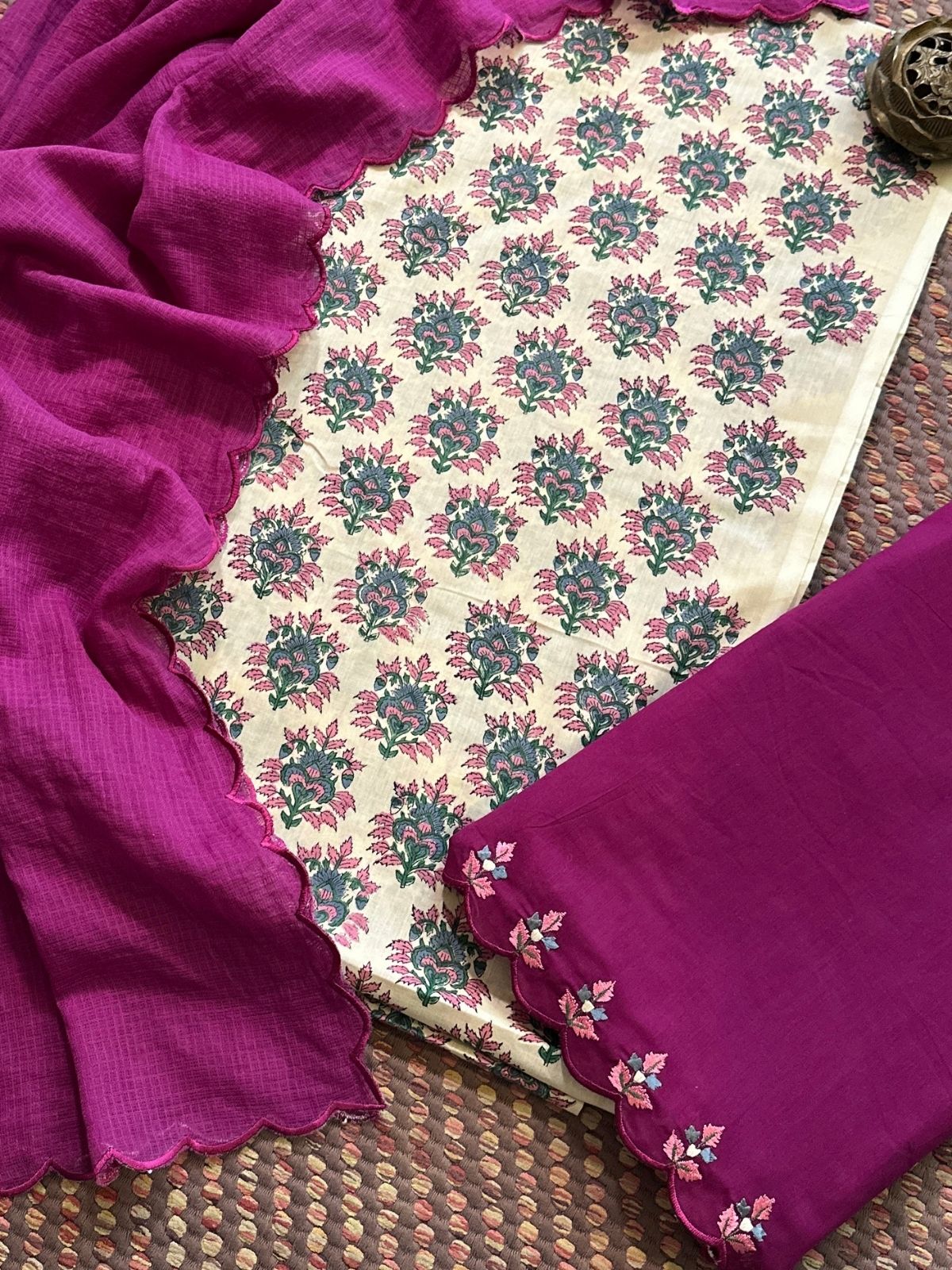 Pure Cotton Malmal Handblocked Unstitched Set