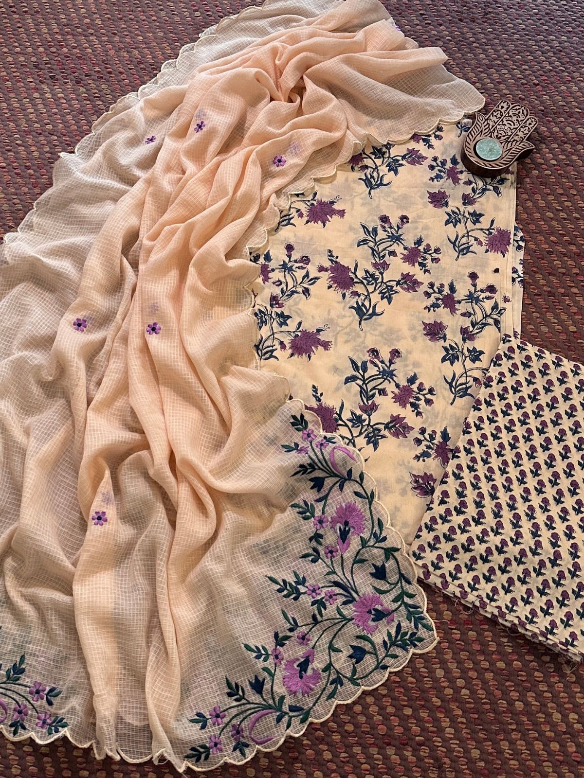 Pure Cotton Handblock Fabric Set with Embroidered Dupatta