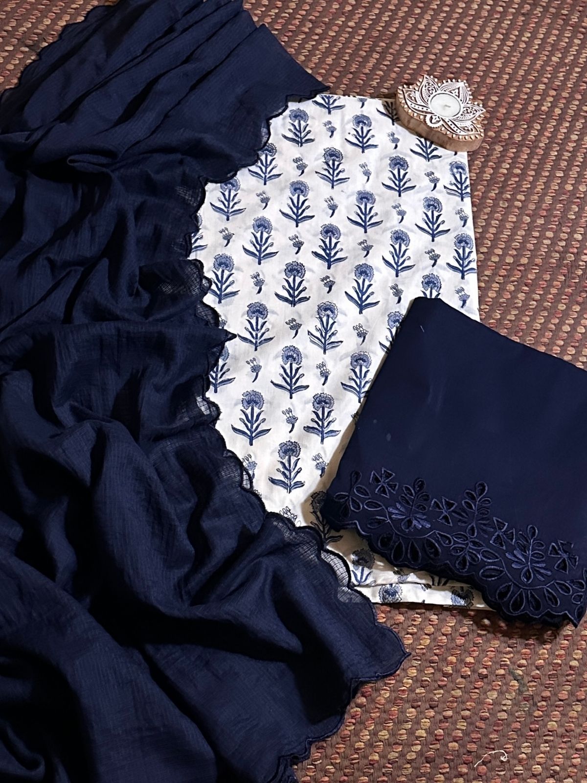 Pure Cotton Hand-blocked Fabric with Cutwork Bottom & Kota Doria Dupatta