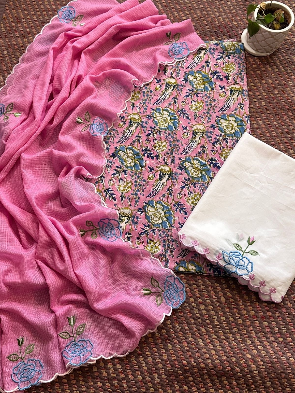 Pure Cotton Malmal Hand-block Fabric with Embroidered Bottom & Kota Doria Dupatta