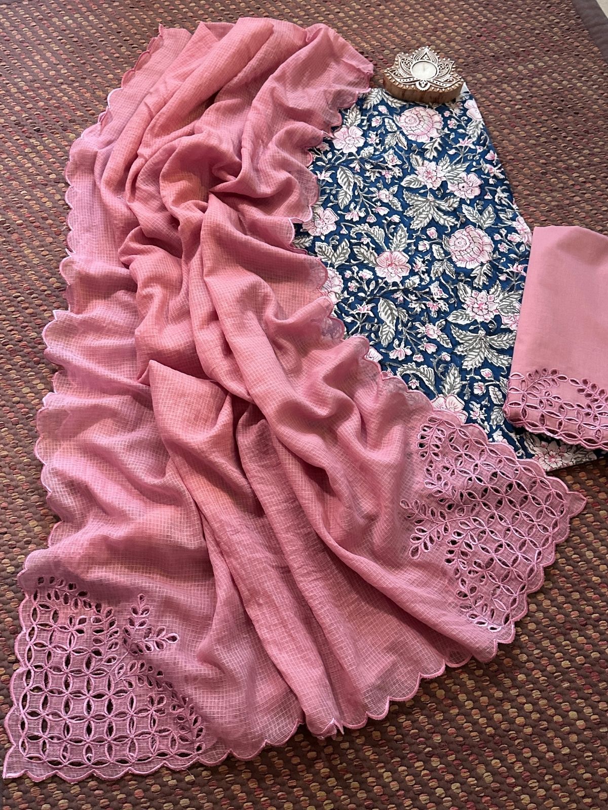 Pure Cotton Hand-blocked Fabric with Cutwork Bottom & Kota Doria Dupatta