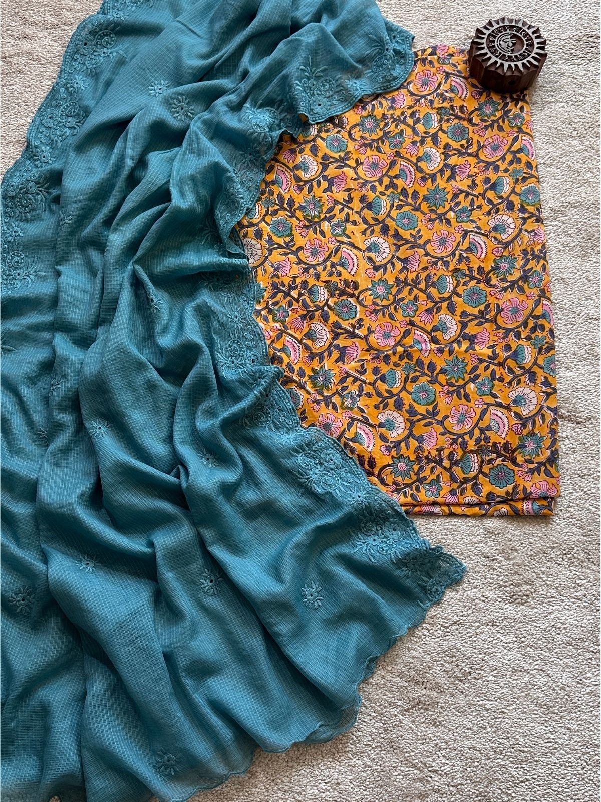 Kesari Set- Hand-block Fabric with Embroidered Dupatta