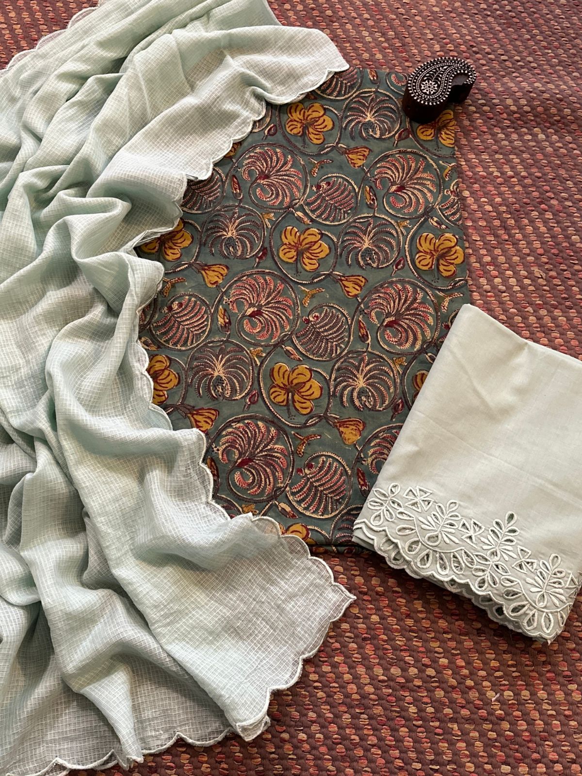 Pure Cotton Malmal Hand-blocked Fabric with Cutwork Bottom & Kota Doria Dupatta