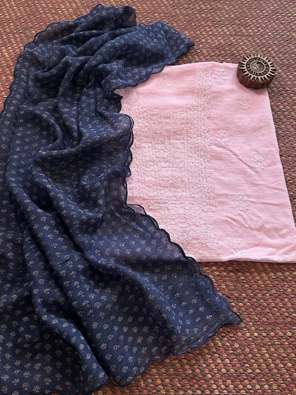 Chikankari Hand Embroidered Fabric with Indigo Hadblocked Kota Dupatta