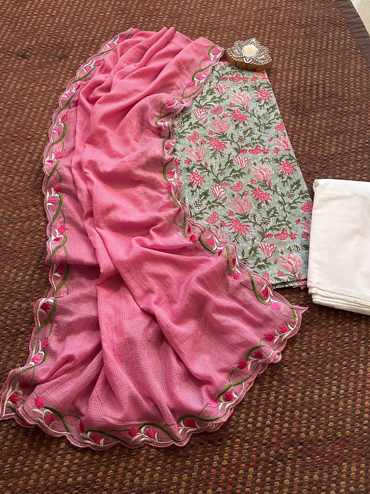 Pure Cotton Hand-blocked Fabric with Embroidered Dupatta