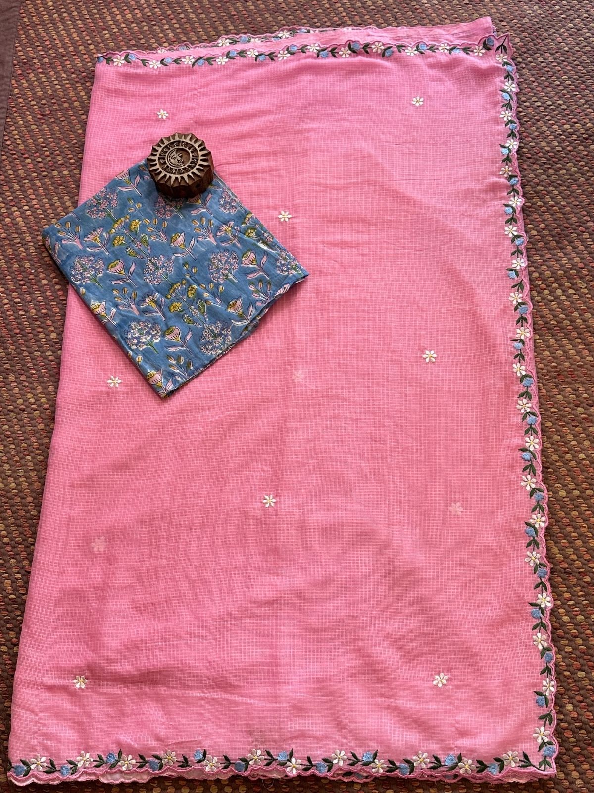 Kota Doria Embroidered Saree with Hand Block Blouse fabric