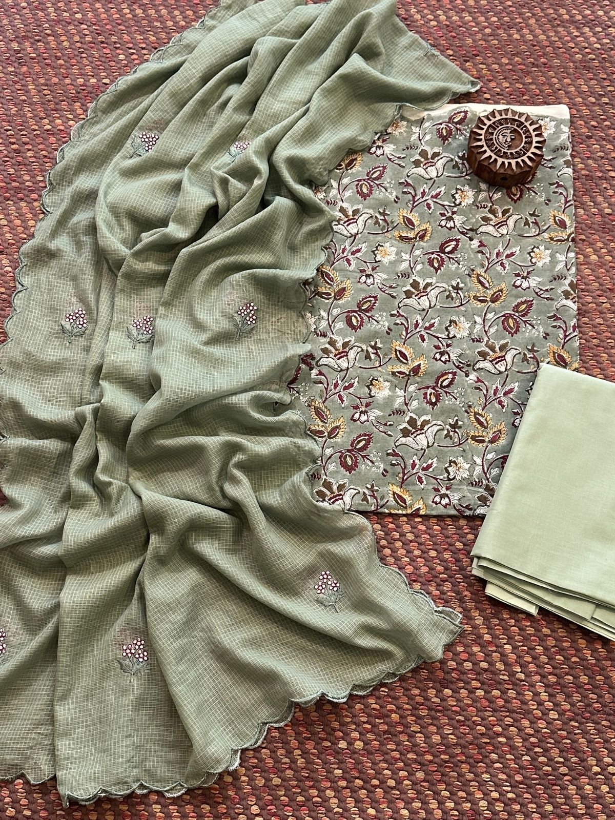 Pure Cotton Hand blocked Set with Embroidered Dupatta
