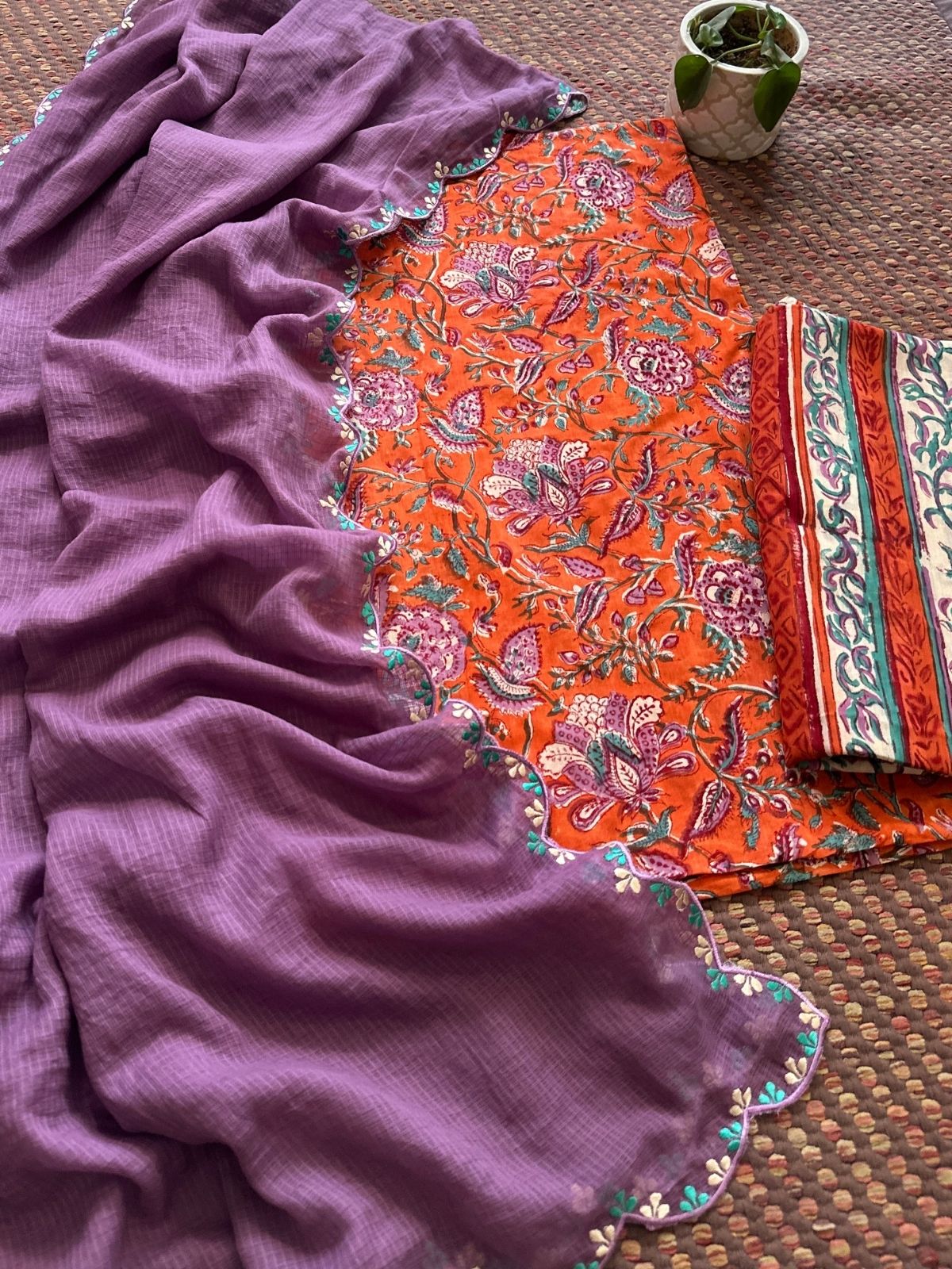 Pure Cotton Mul Hand-blocked Set with Embroidered Dupatta