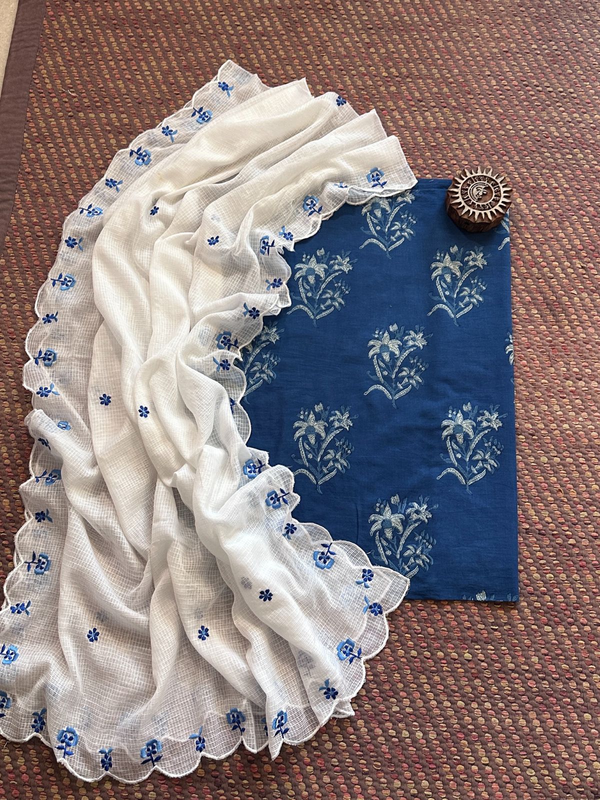 Pure Cotton Indigo Hand-block Fabric with Exclusive Embroidered Kota Doria Dupatta